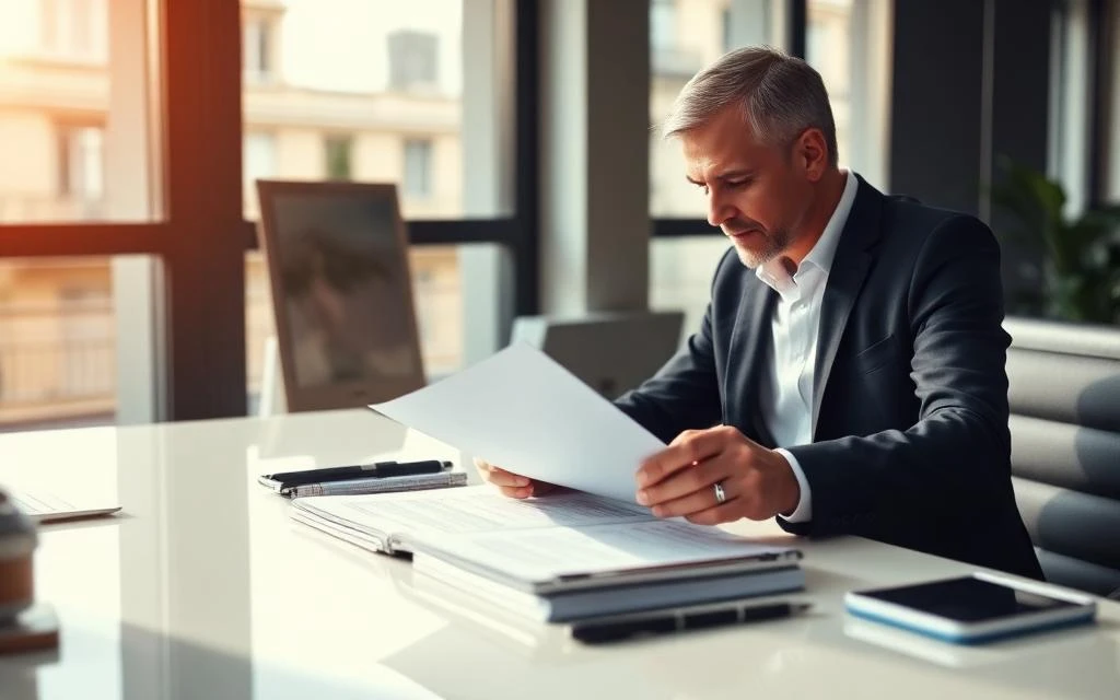 Hombre sentado revisando documentos
